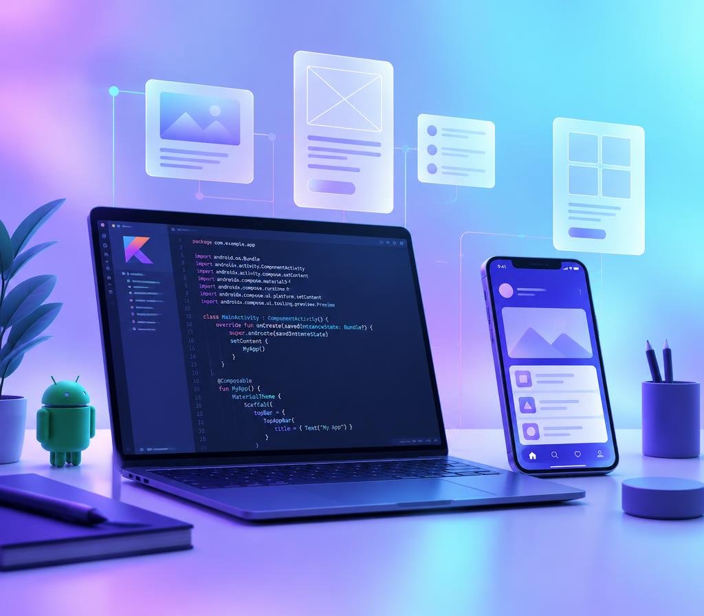 Developer workspace with Kotlin code and Android app prototype